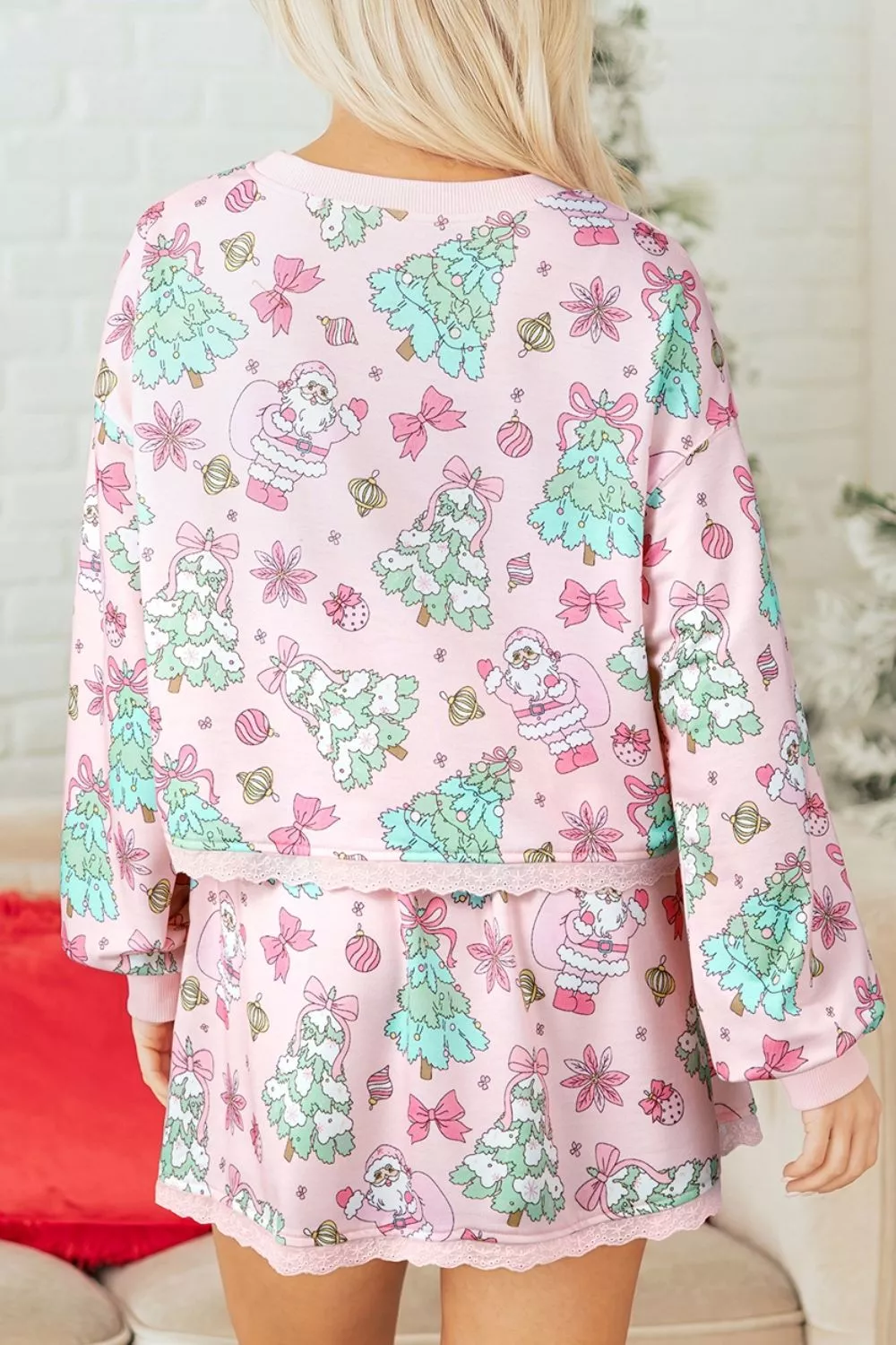 Floral Print Lace Trim Long Sleeve Top and Skirt Set, image 2