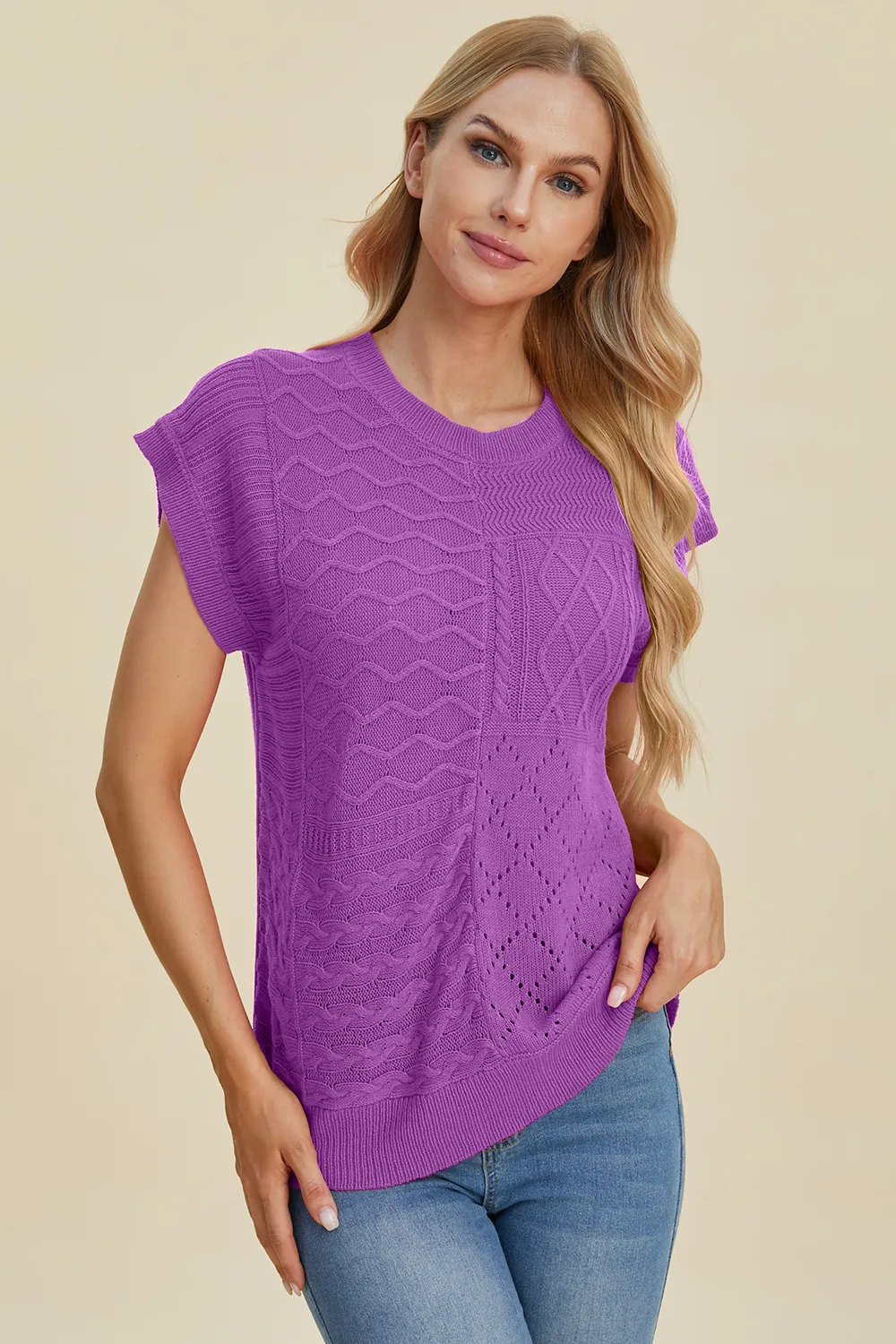 Full Size Cable-Knit Round Neck Cap Sleeve Sweater, image 9