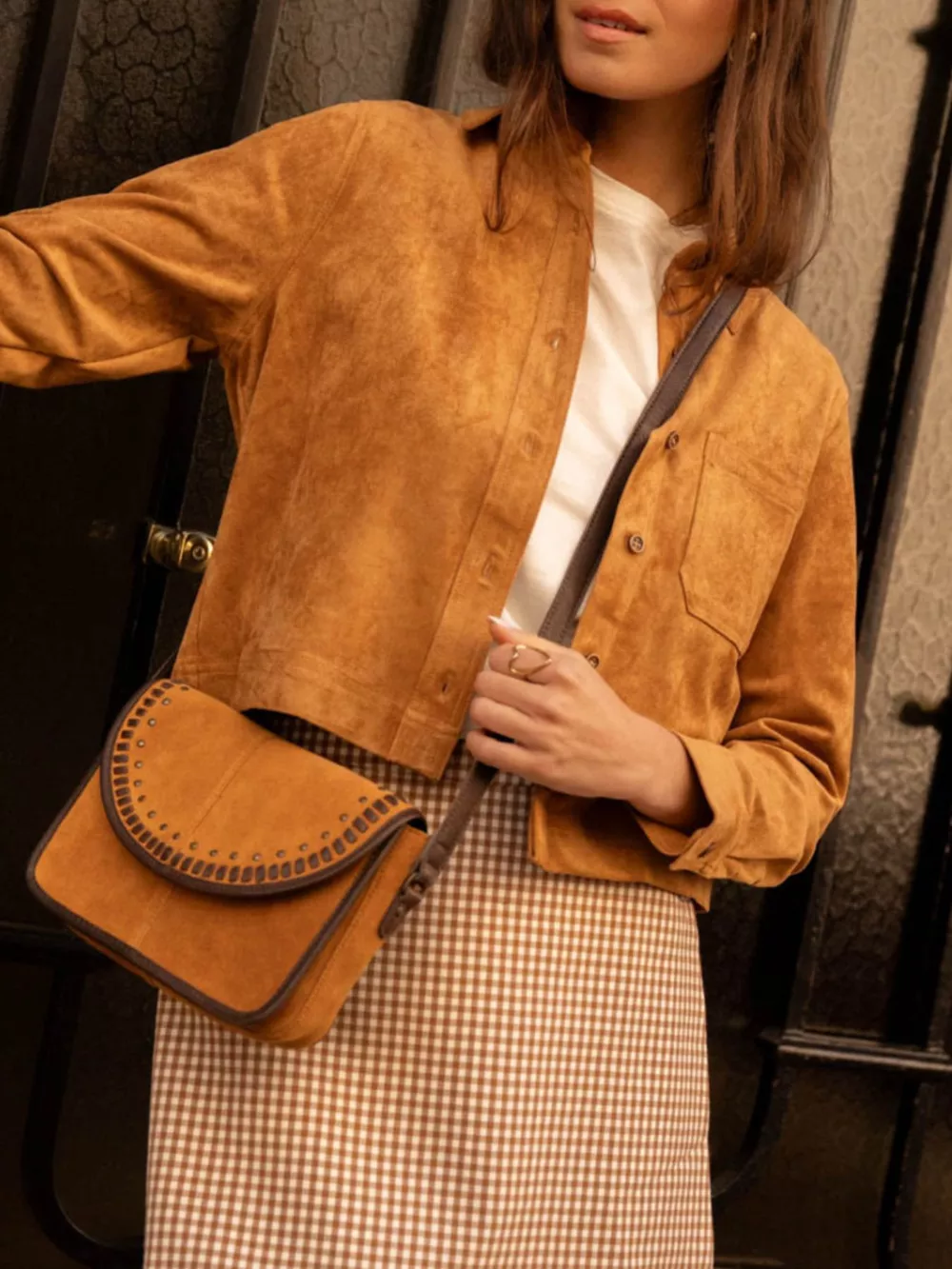 Cropped Faux Suede Button-Down Jacket, image 3