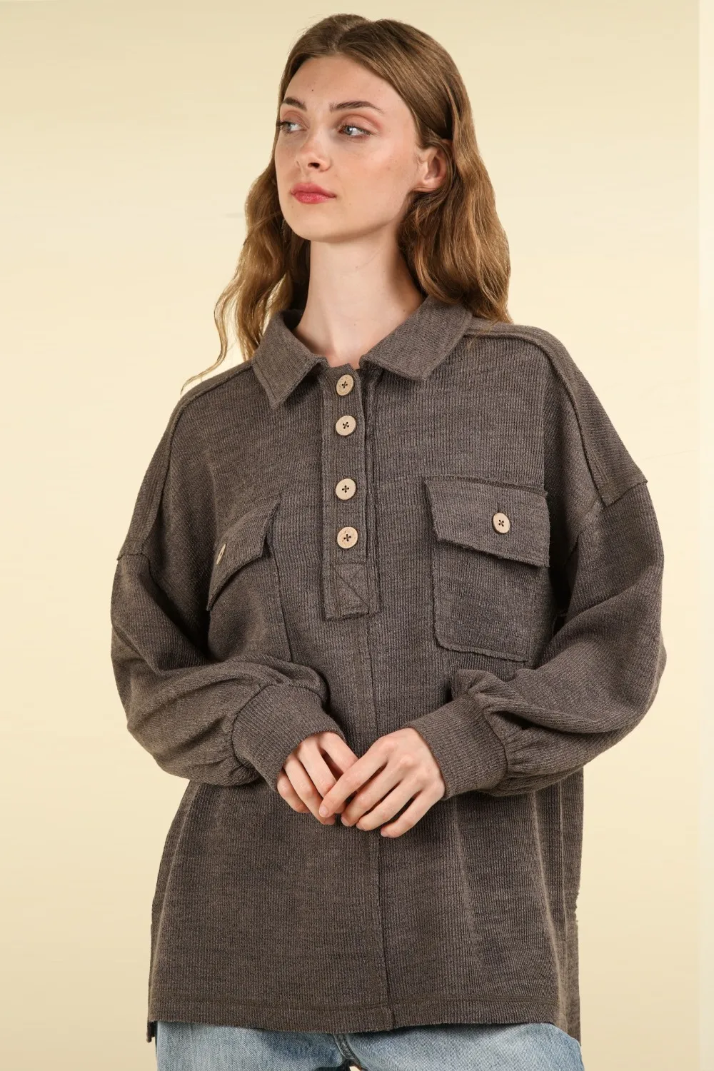 Collared Half Button Knit Top with Pockets