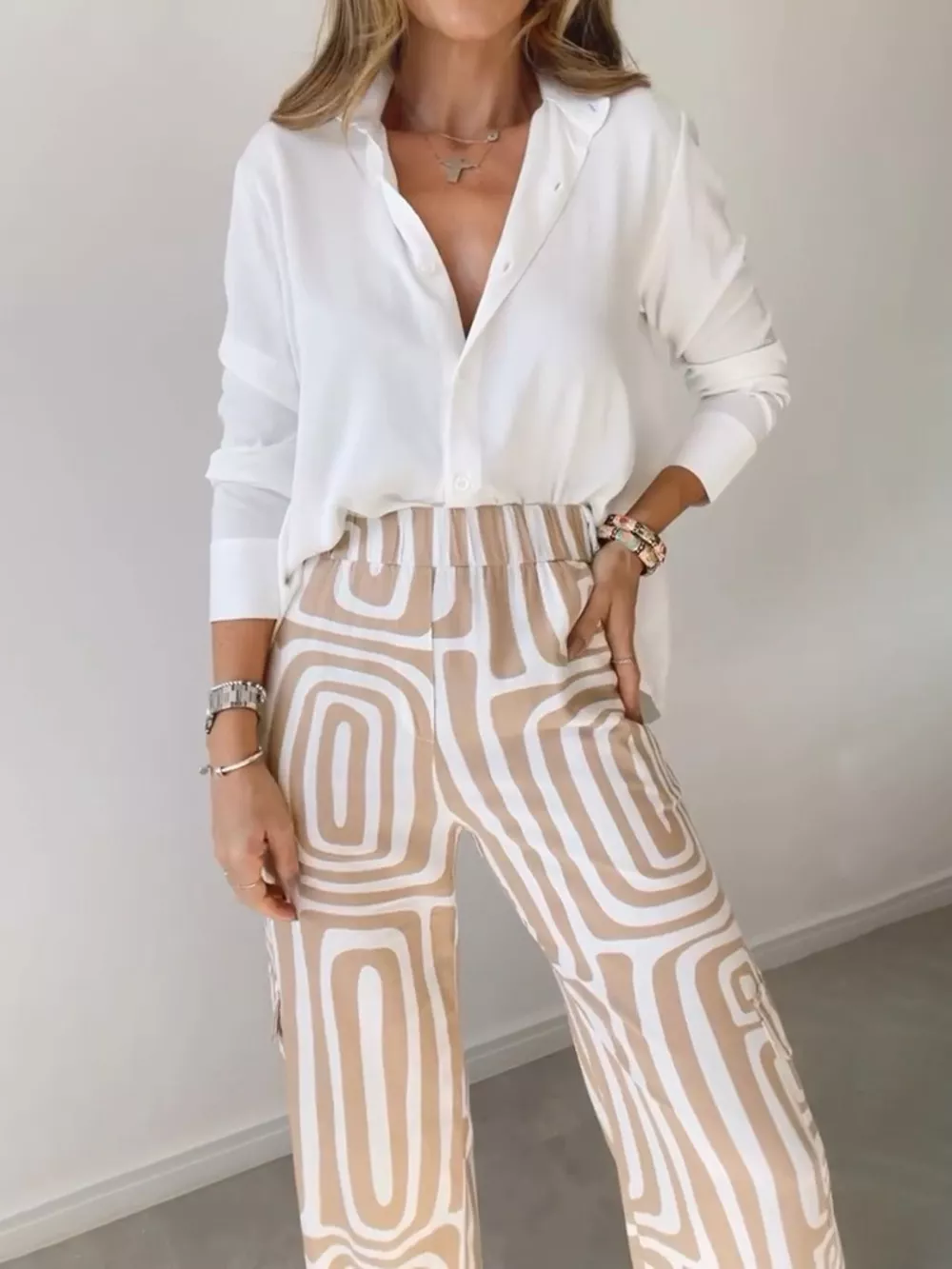 Full Size Chic Button-Down Shirt and Geometric Wide-Leg Pants Set Plus Size, image 3