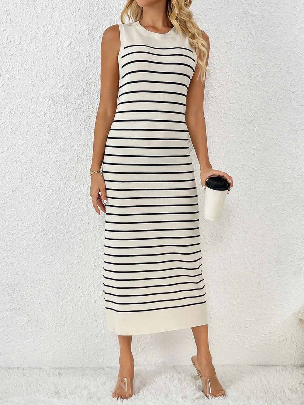 Round Neck Sleeve Midi Knit Dress, image 3