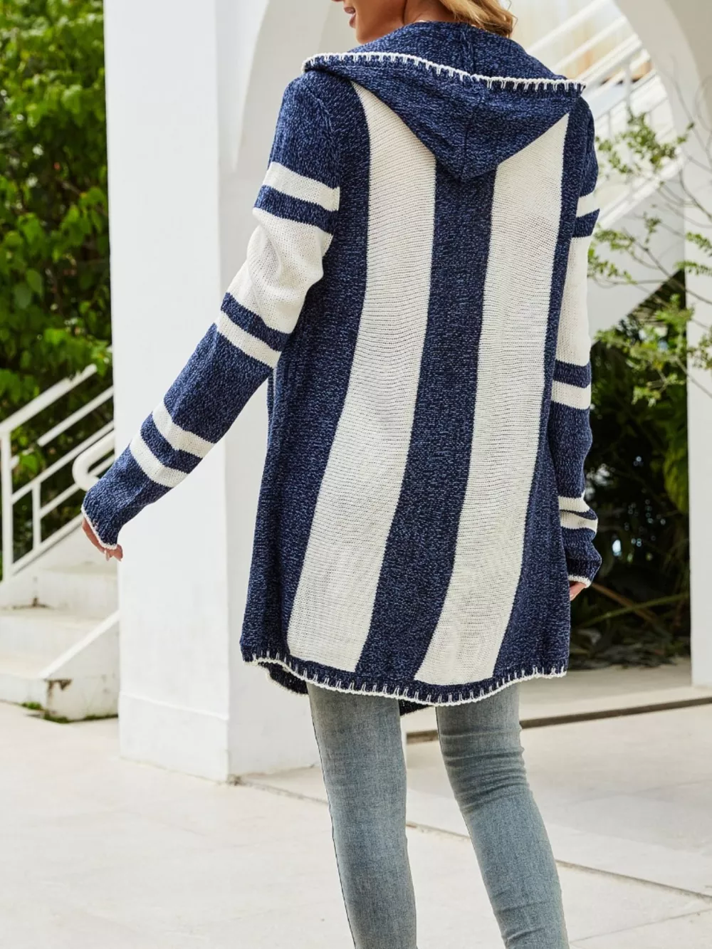 Striped Hooded Open Front Cardigan, image 3