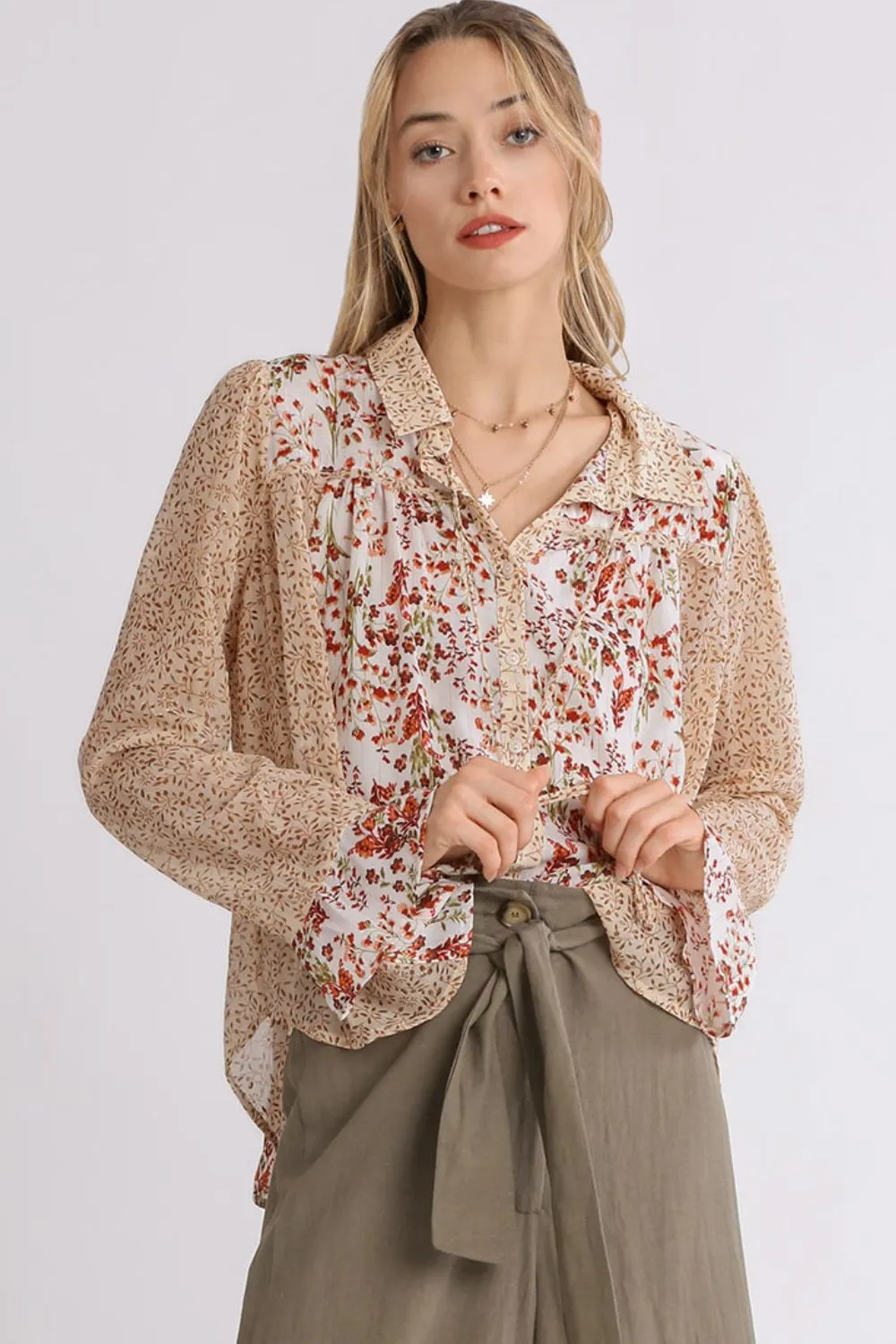 Full Size Mixed Print Metallic Detail Long Ruffle Sleeve Button Down Shirt Plus Size