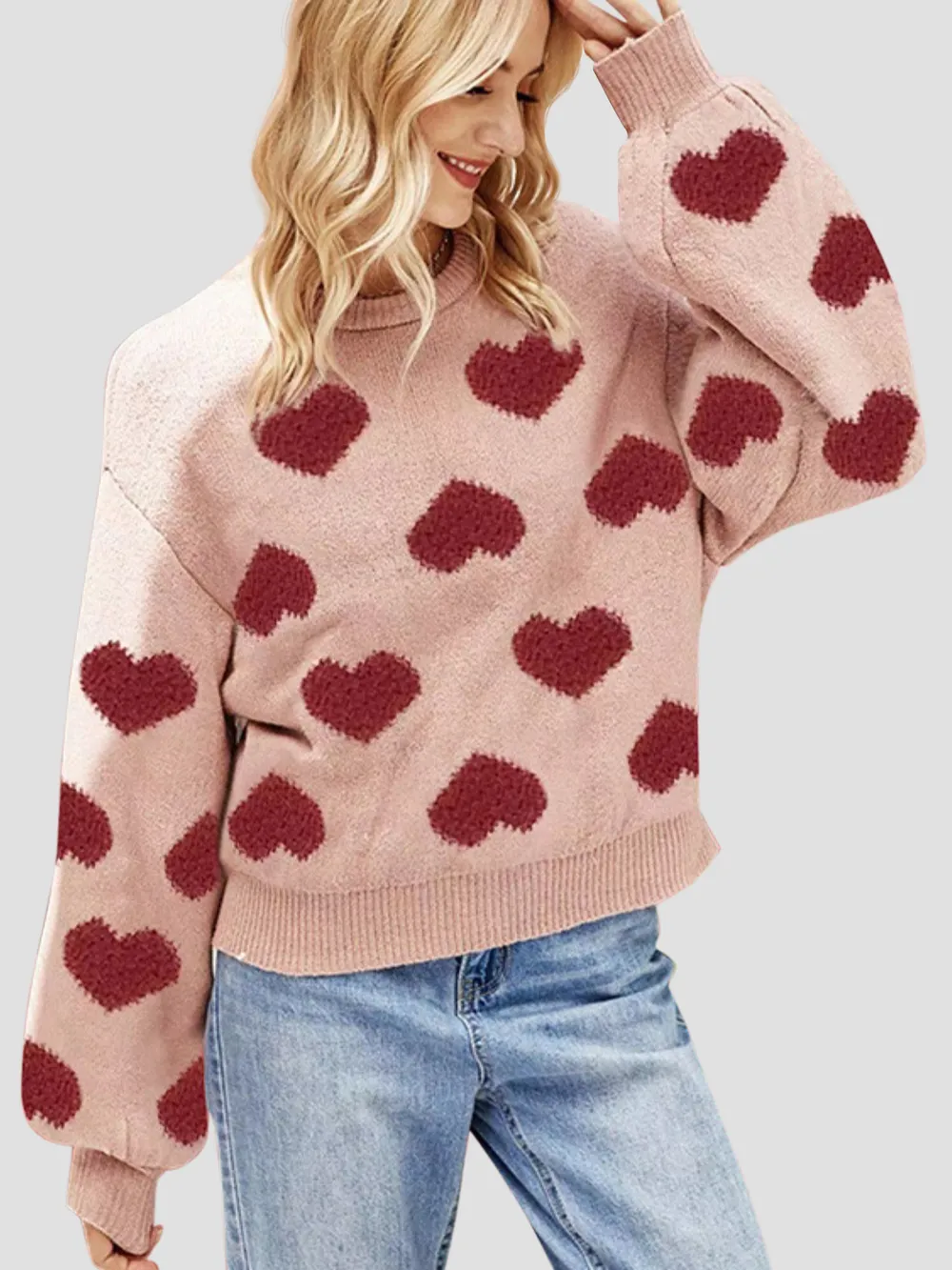 Heart Round Neck Dropped Shoulder Sweater, image 3