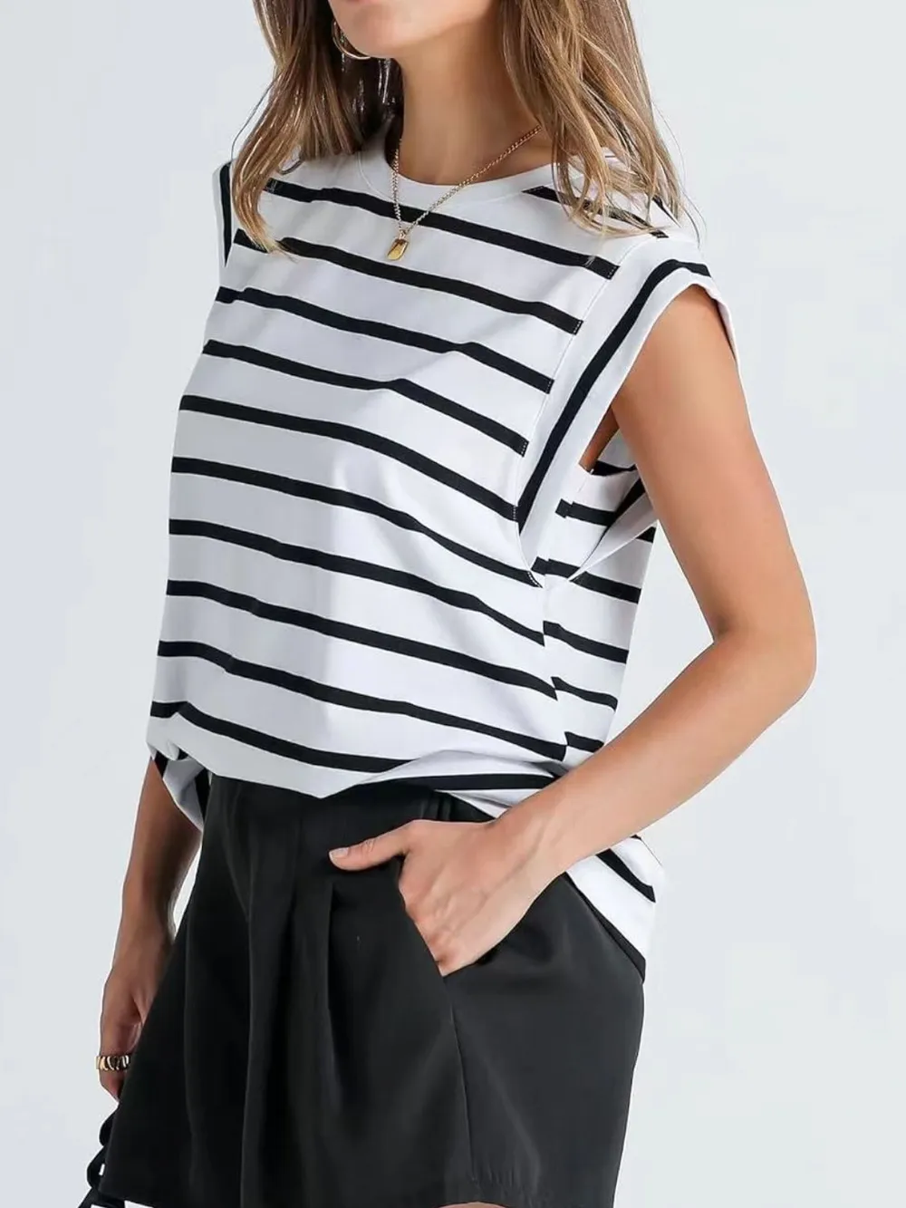 Striped Round Neck Cap Sleeve T-Shirt, image 4