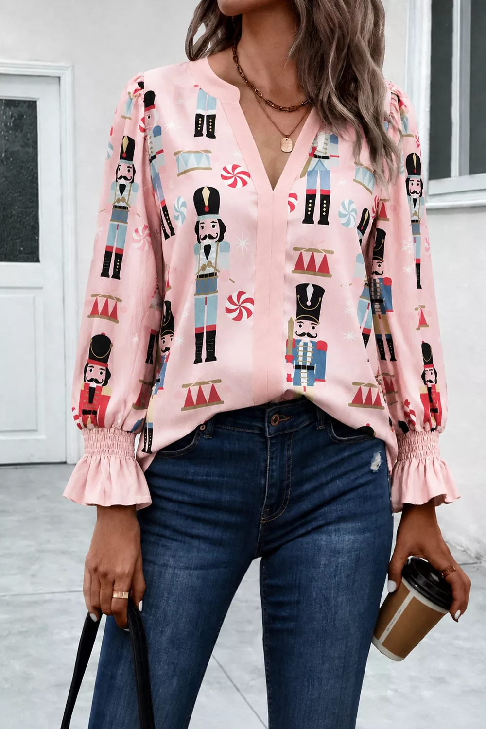 Nutcracker Print Notched Flounce Sleeve Blouse, image 3