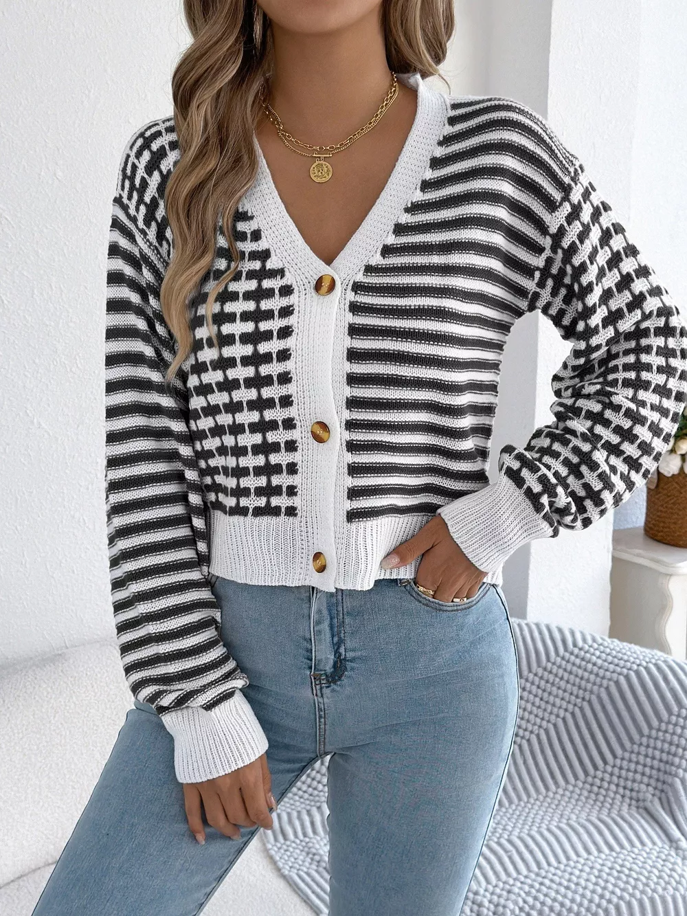 Striped Button-Up Cropped Cardigan