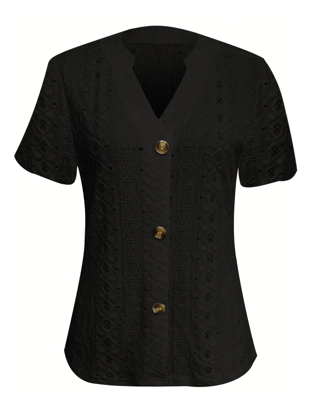 Openwork Notched Short Sleeve Top, image 2