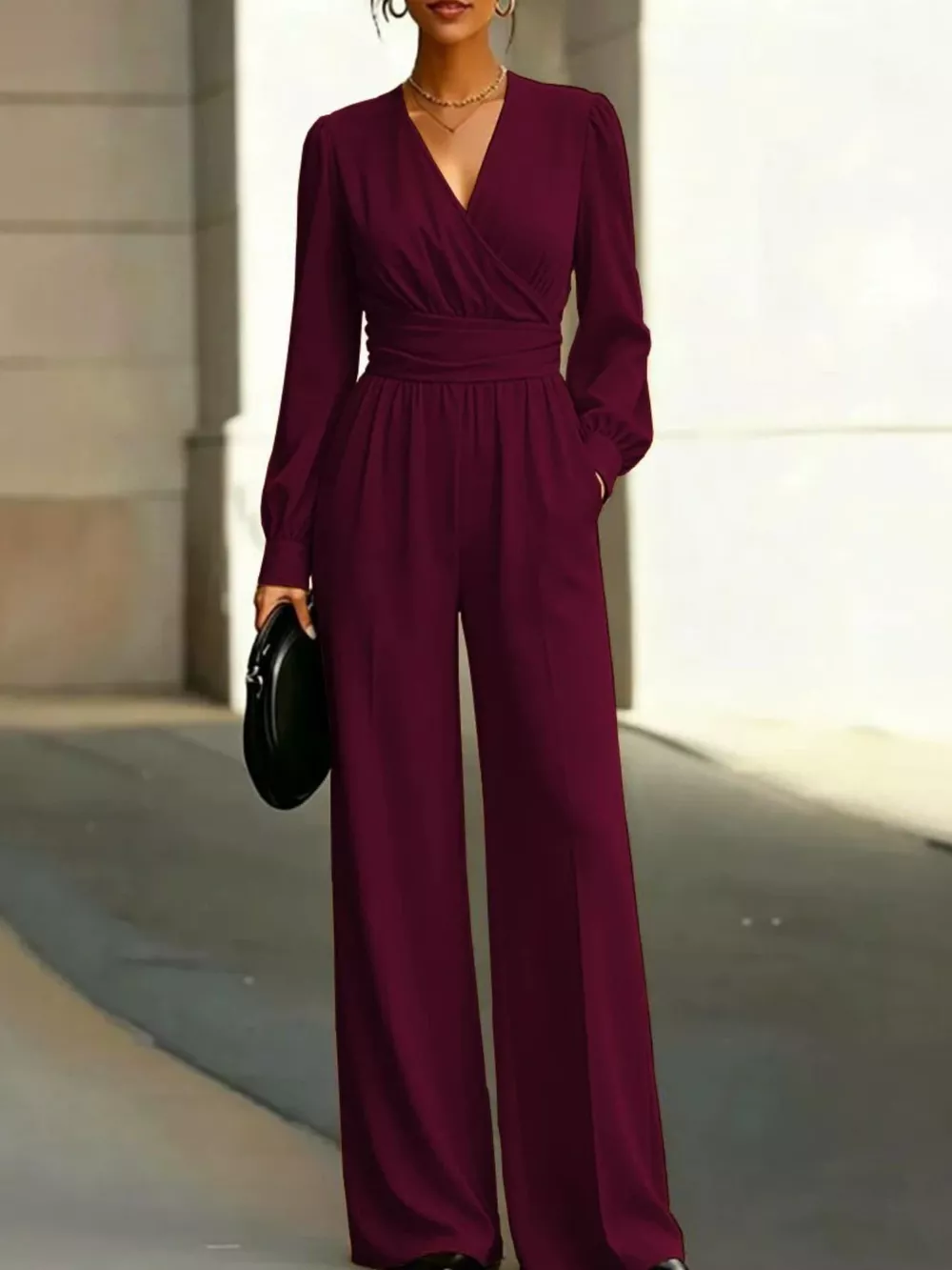 Surplice Long Sleeve Wide-Leg Jumpsuit, image 5