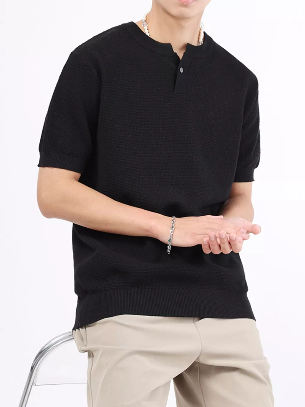 Men's Plus Size Casual Knitted Henley T-Shirt, image 8
