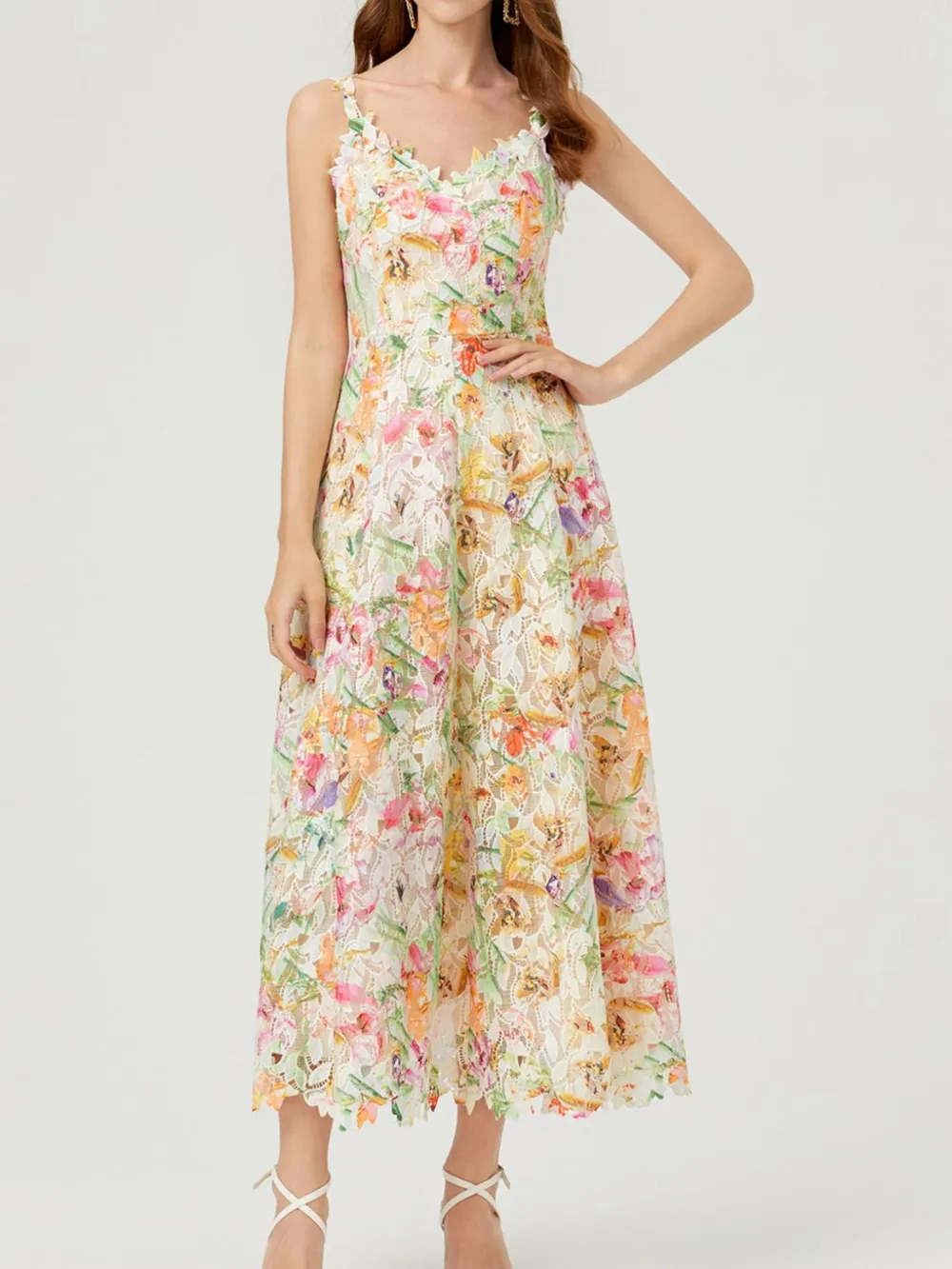 Floral Lace Sleeveless V-Neck Midi Dress