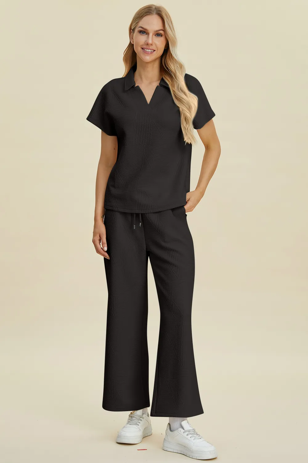 Full Size Collared Neck Short Sleeve Top and Pants Set, image 3
