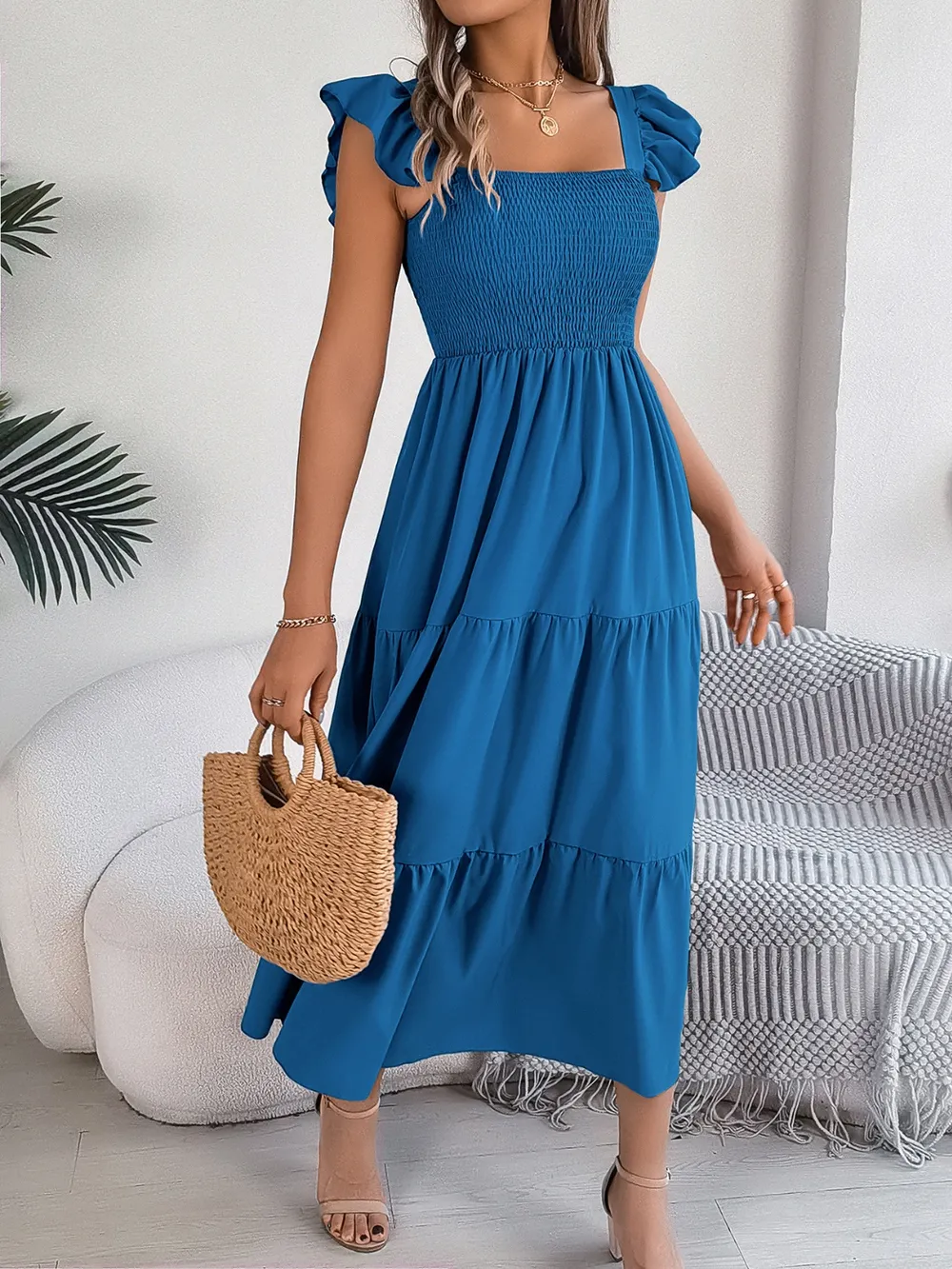 Smocked Square Neck Cap Sleeve Midi Dress, image 6