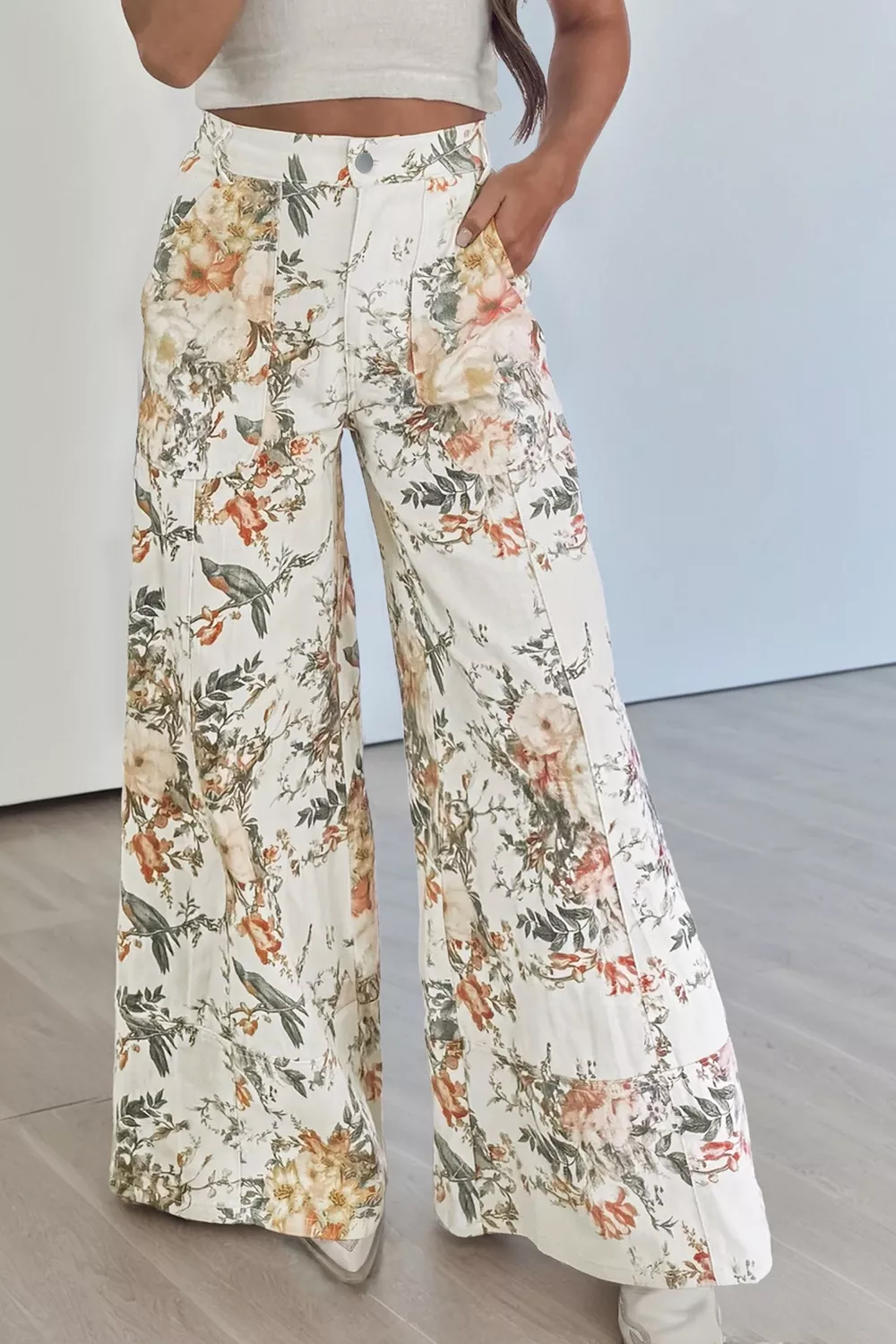 Vintage Style Floral Print High Waist Wide Leg Jeans