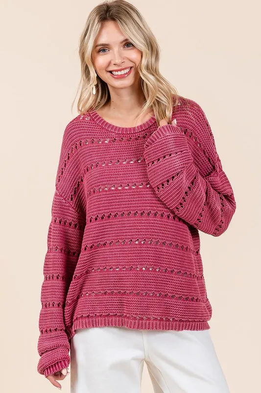 Openwork Round Neck Drop Shoulder Sweater