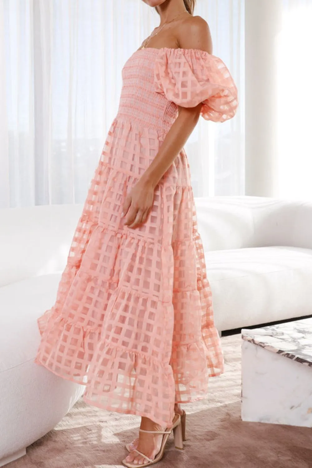 Off Shoulder Short Puff Sleeve Midi Dress, image 5
