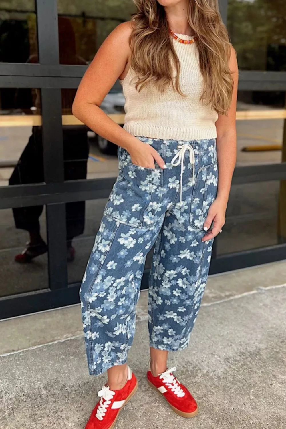 Dainty Floral Printed Drawstring Barrel Jeans, image 4