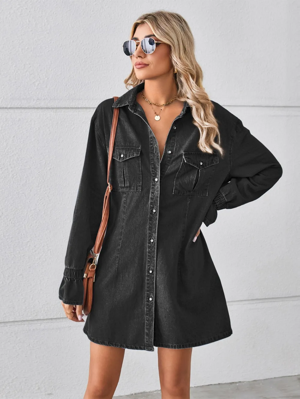 Pocketed Dropped Shoulder Mini Denim Dress, image 2