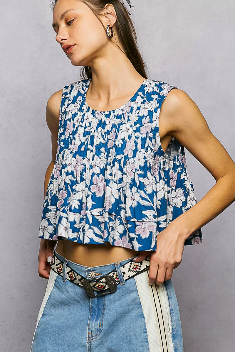 Floral Round Neck Cropped Pintuck Tank, image 3