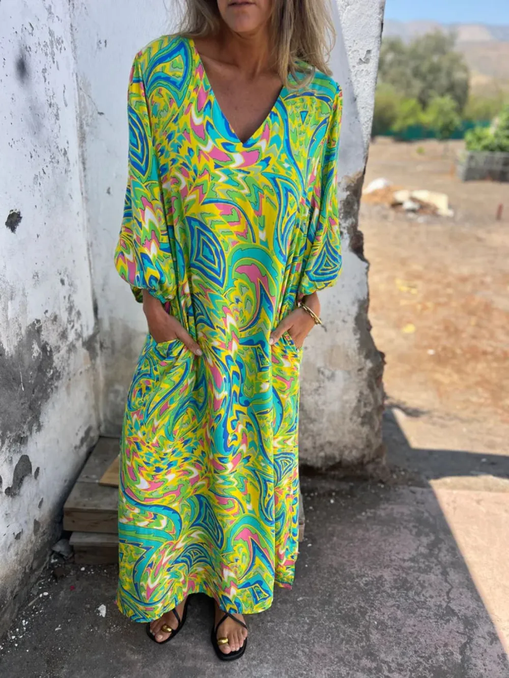 Full Size Printed V-Neck Dress with Pockets Plus Size, image 13