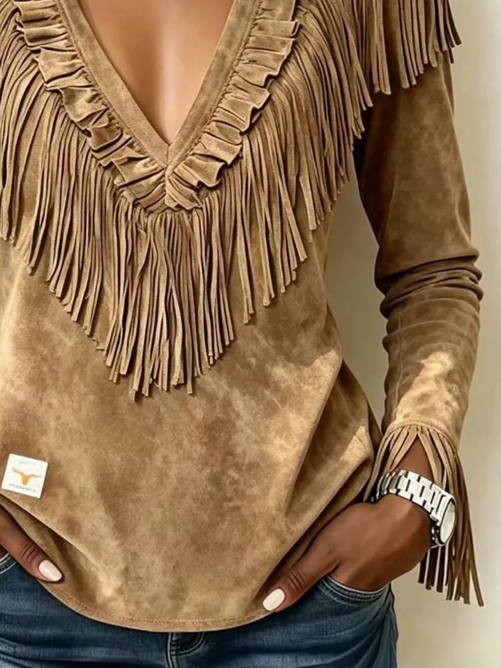 Fringed V-Neck Blouse, image 4