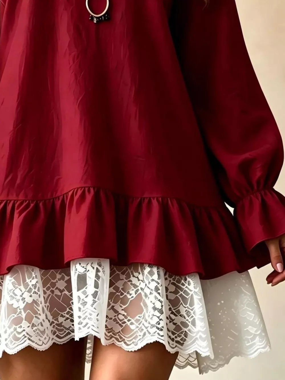 V-Neck Long Sleeve Ruffle Hem Lace Trim Mini Dress, image 7