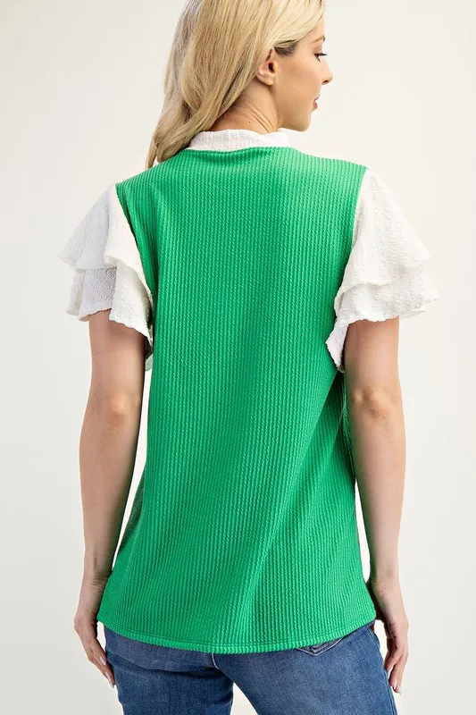 Full Size Solid Color Top with Ruffle Layered Sleeves Plus Size, image 3