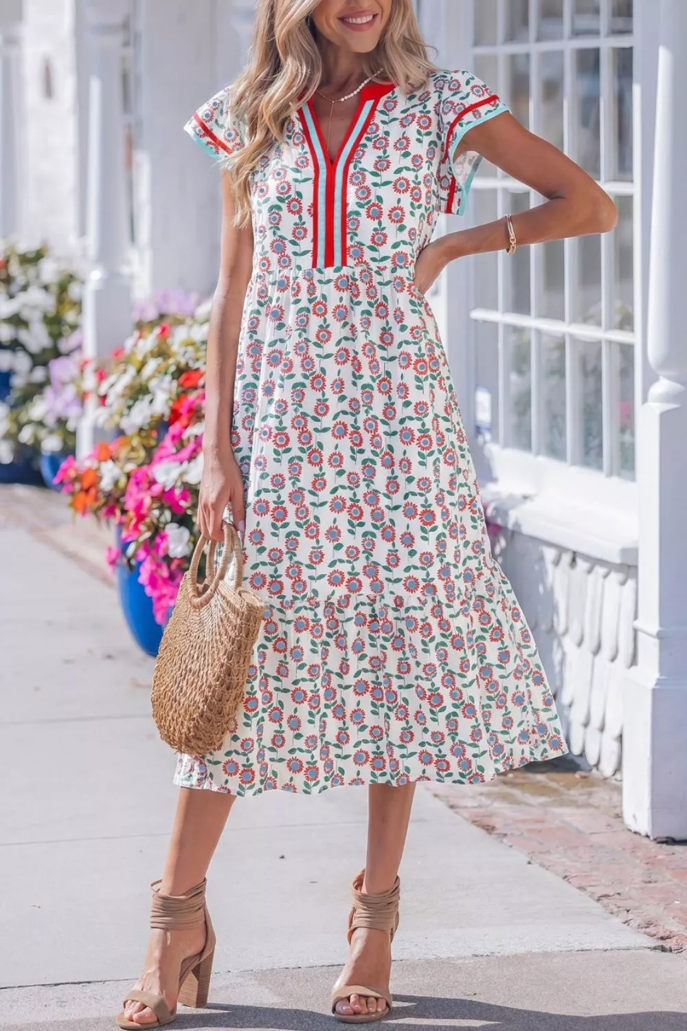 Floral Print Ruffle Sleeve Tiered Midi Dress, image 2