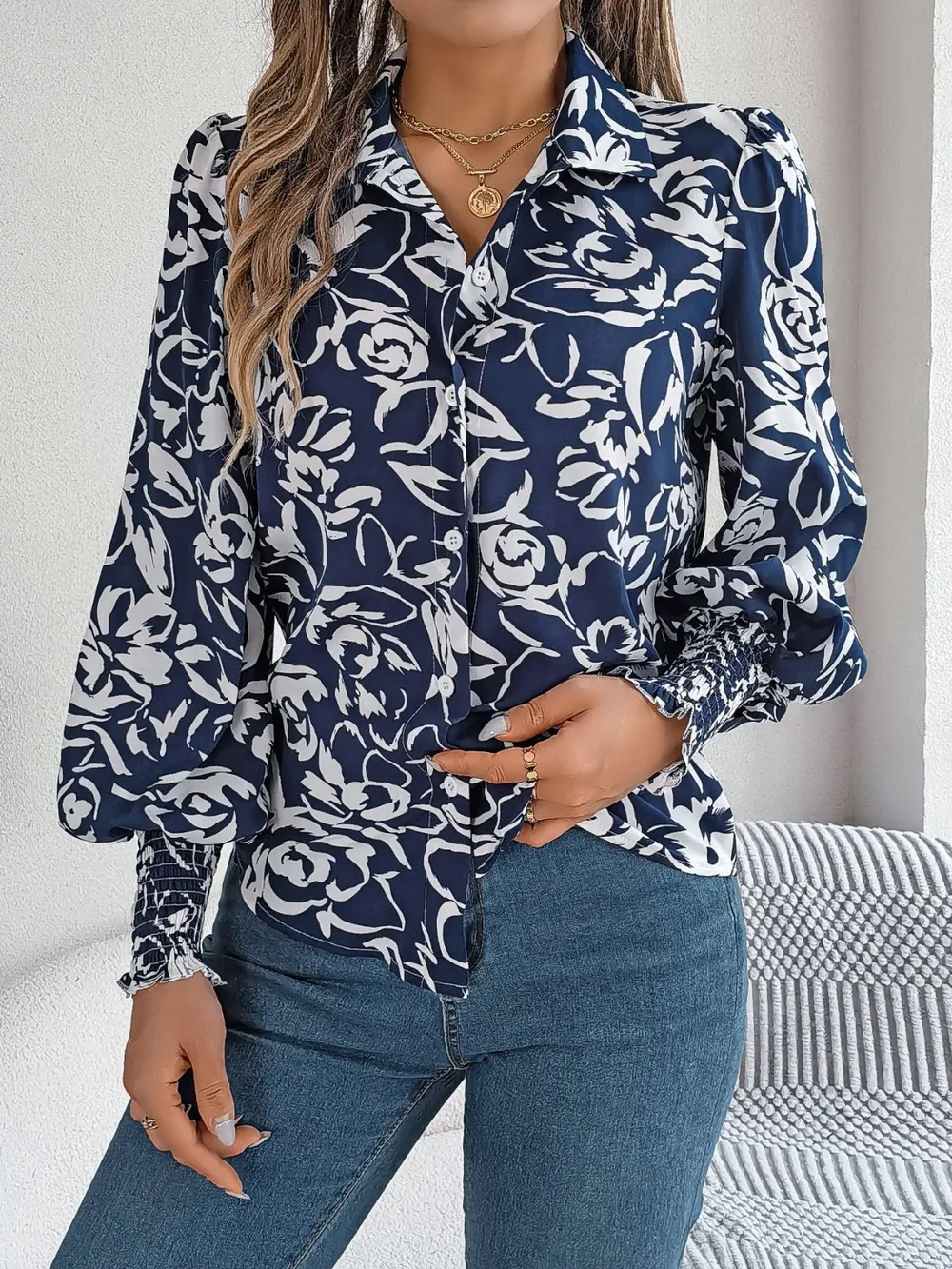 Printed Collared Neck Lantern Sleeve Shirt, image 17