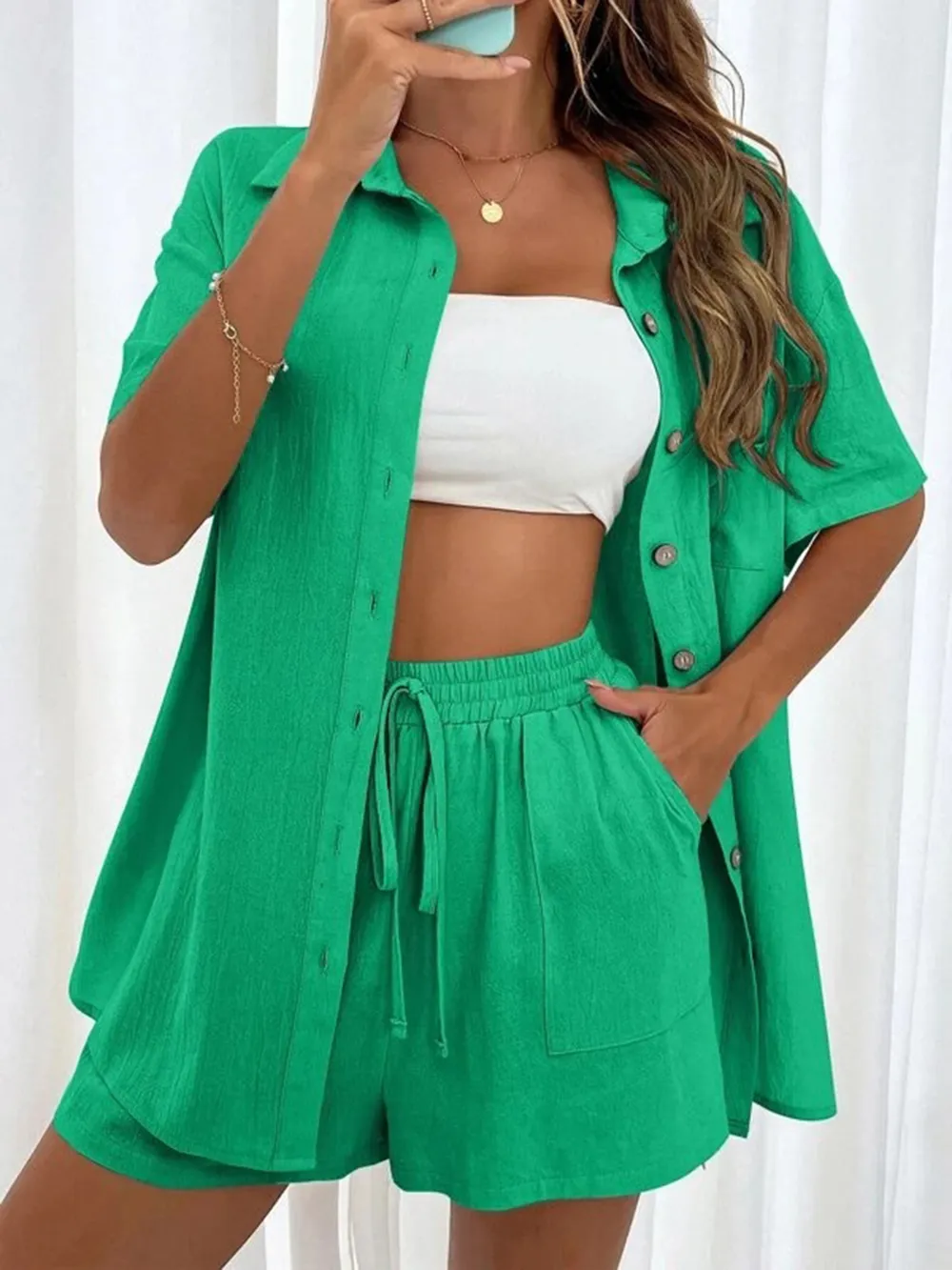 Button Up Shirt and Drawstring Shorts Set, image 5