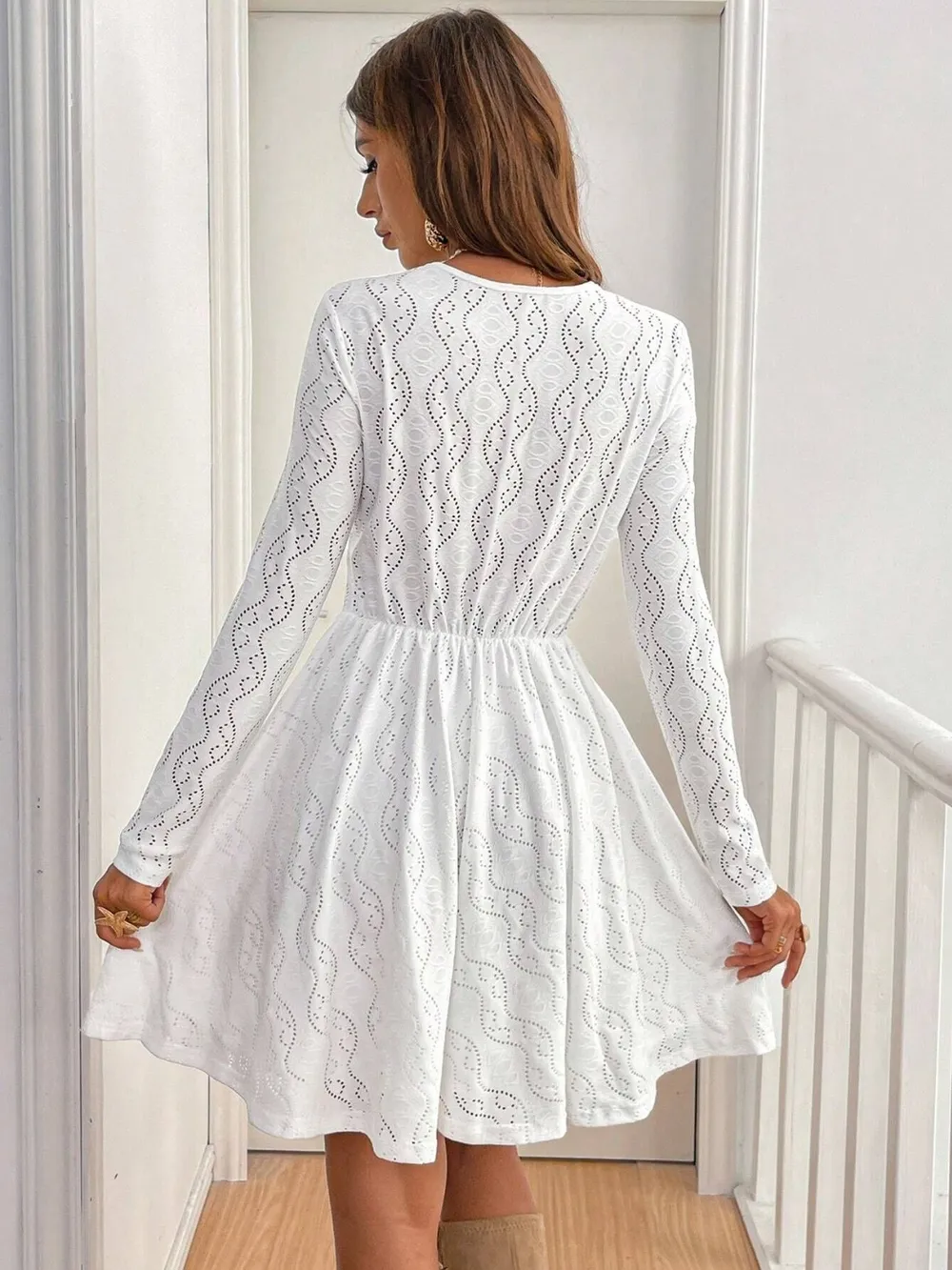 Lace Detail V Neck Long Sleeve Mini Dress, image 3
