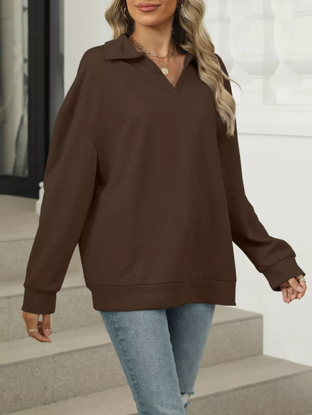 Johnny Collar Drop Shoulder Long Sleeve Sweatshirt, image 16