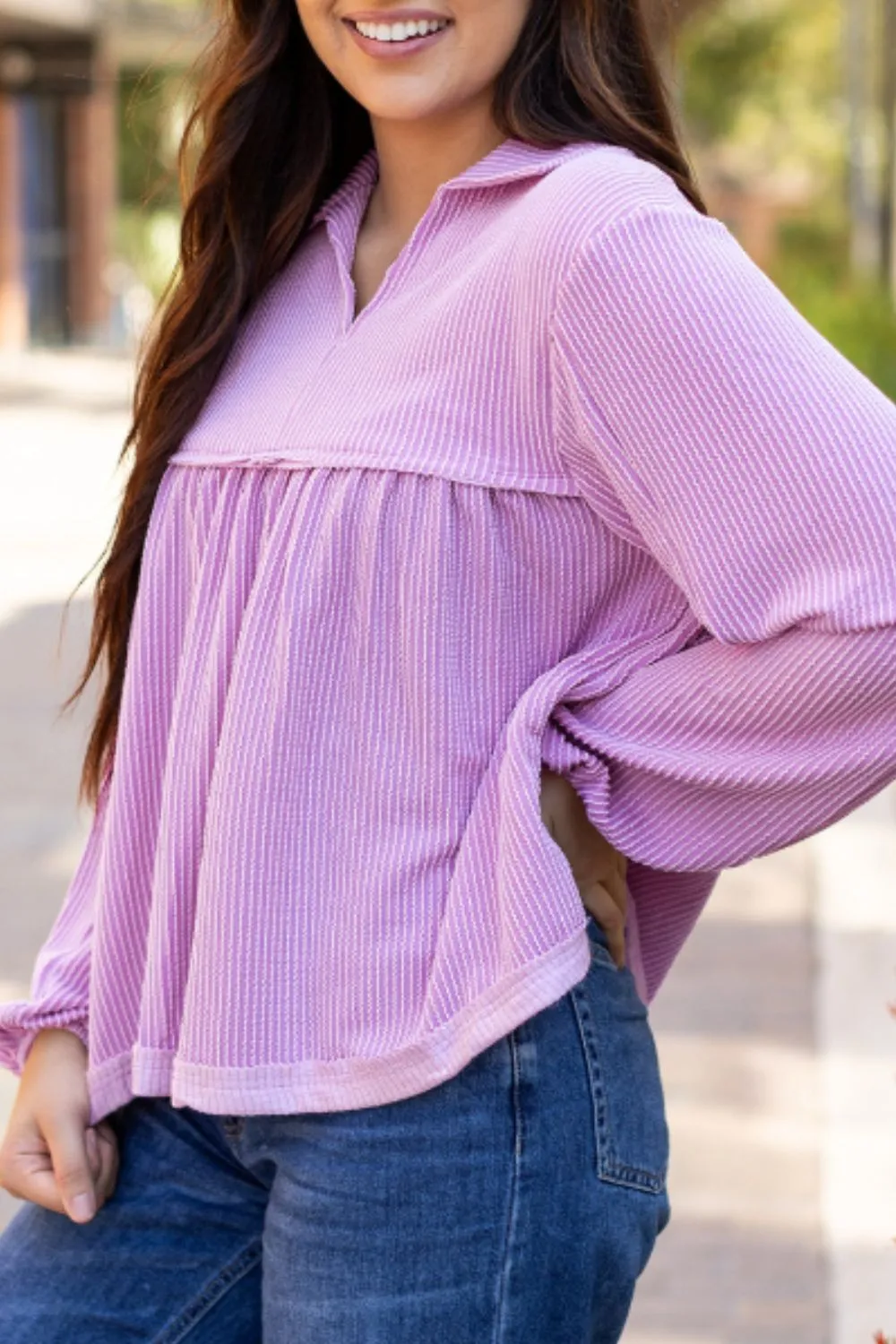 Corded Johnny Collar Long Sleeve Babydoll Blouse, image 4