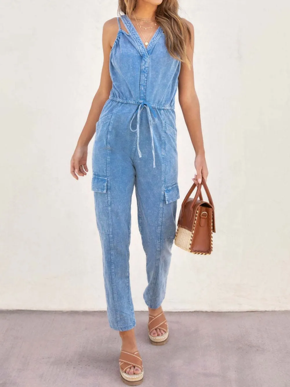 V-Neck Sleeveless Denim Jumpsuit, image 2