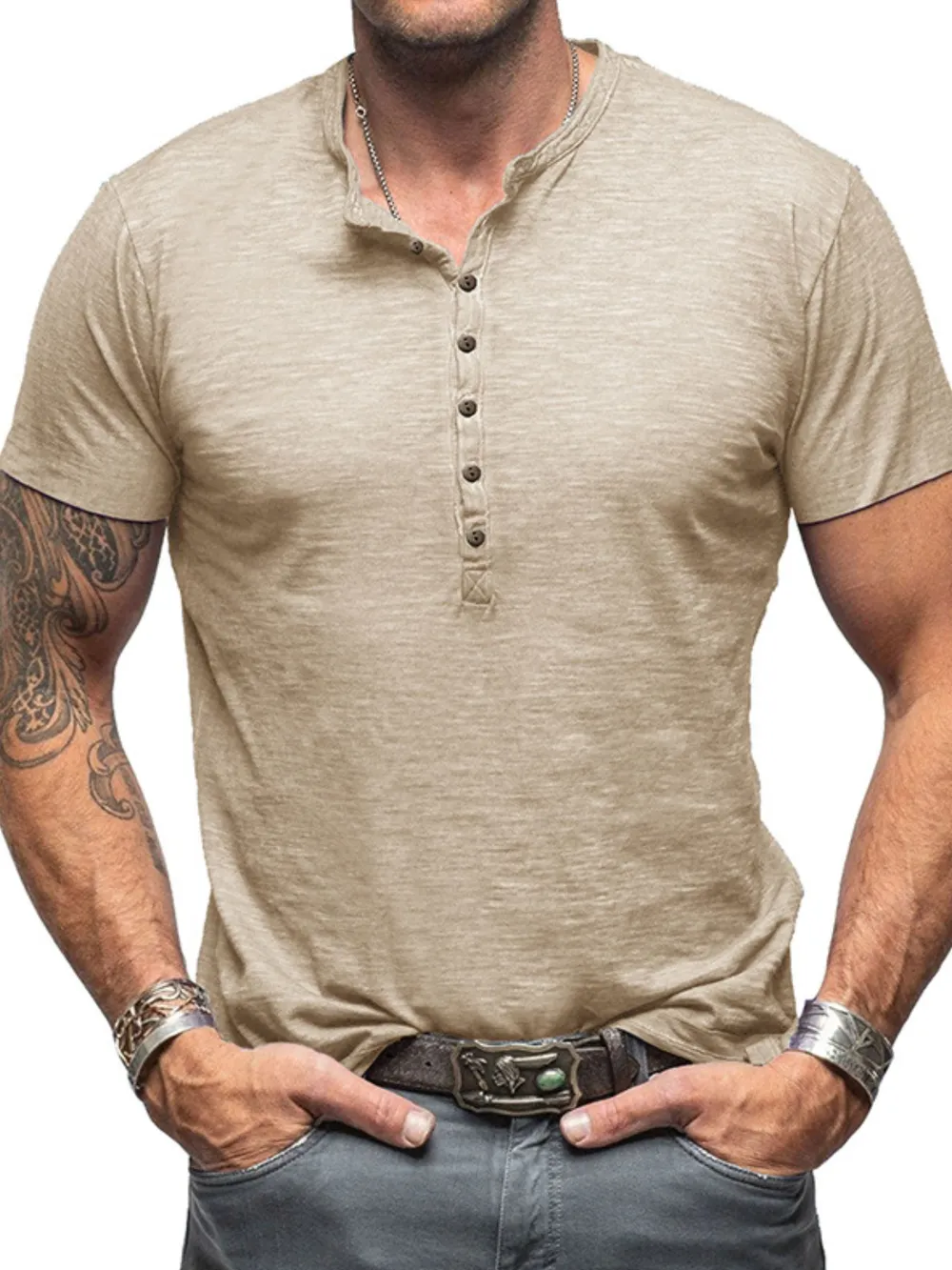 Men's Casual Henley Short Sleeve Button Top, image 10