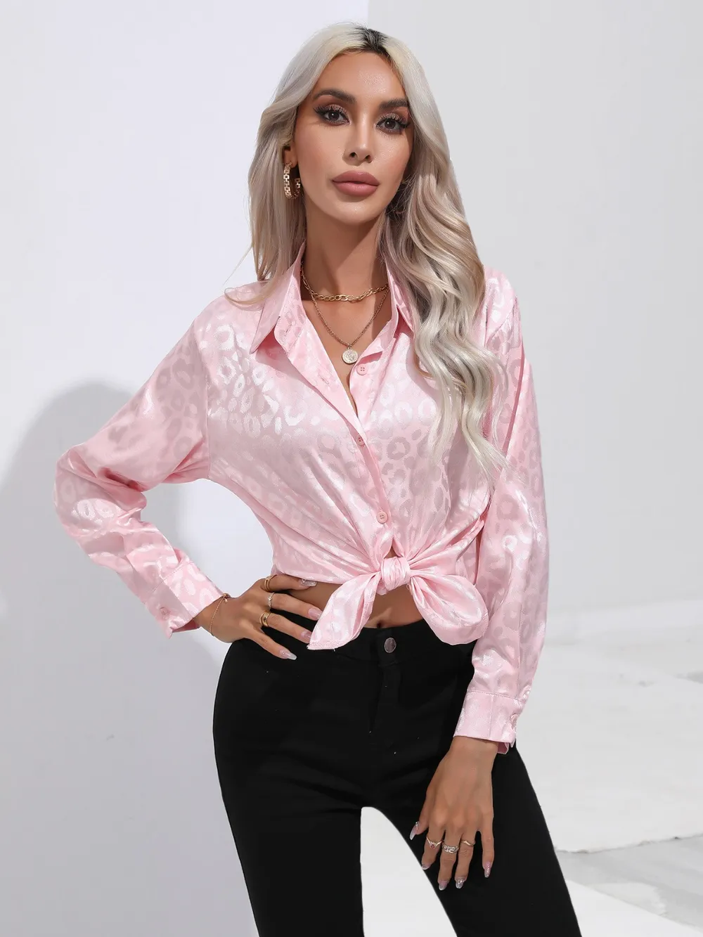 Leopard Collared Neck Long Sleeve Shirt, image 2