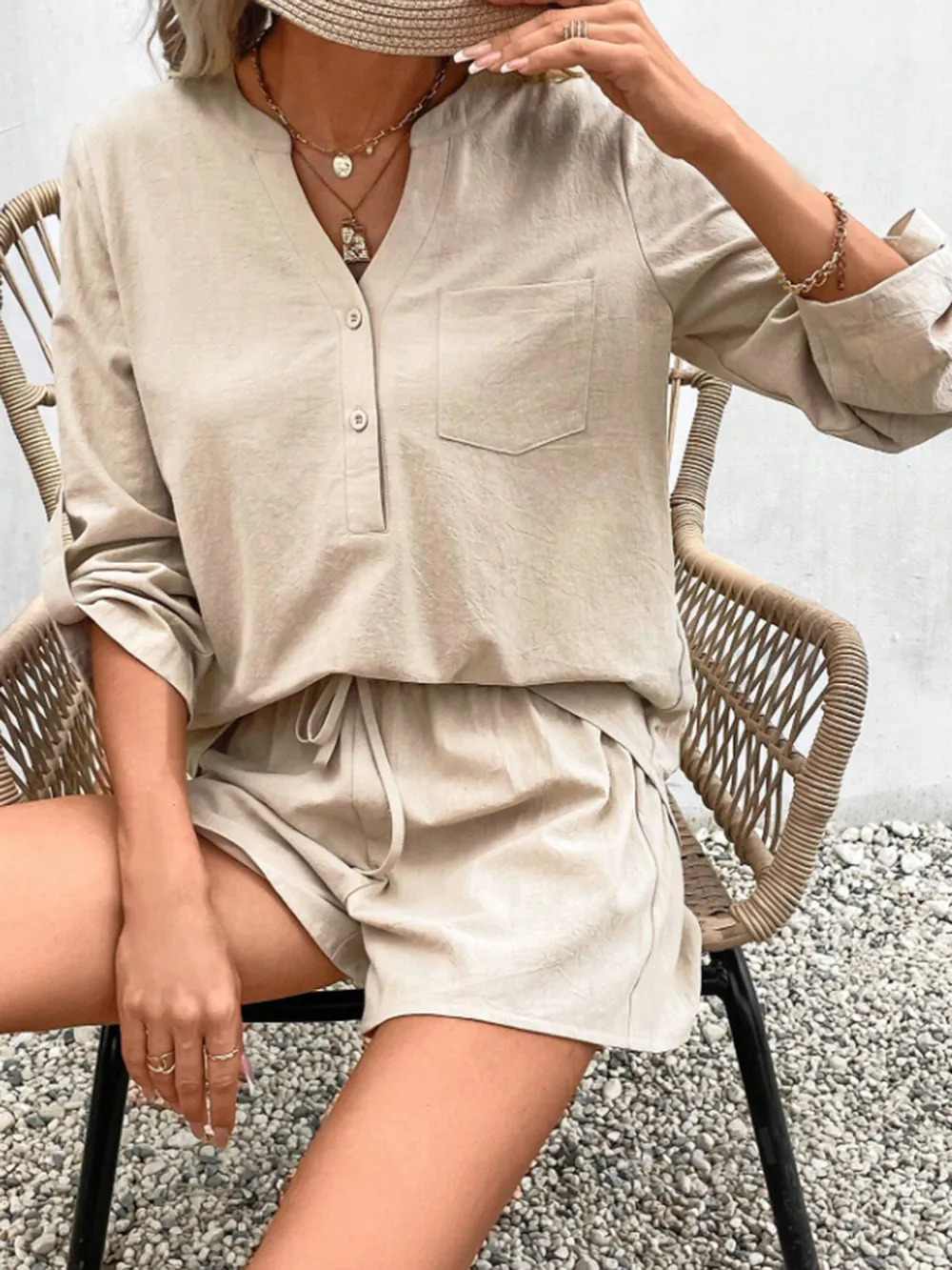 Notched Long Sleeve Top and Shorts Set, image 3