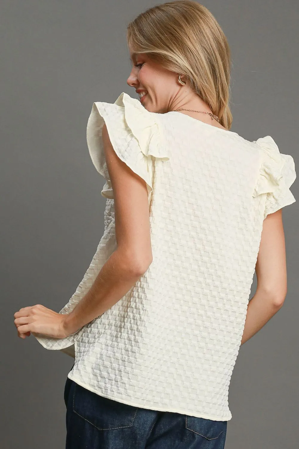 Full Size Textured Jacquard V-Neck Ruffle Cap Sleeve Blouse Plus Size, image 2