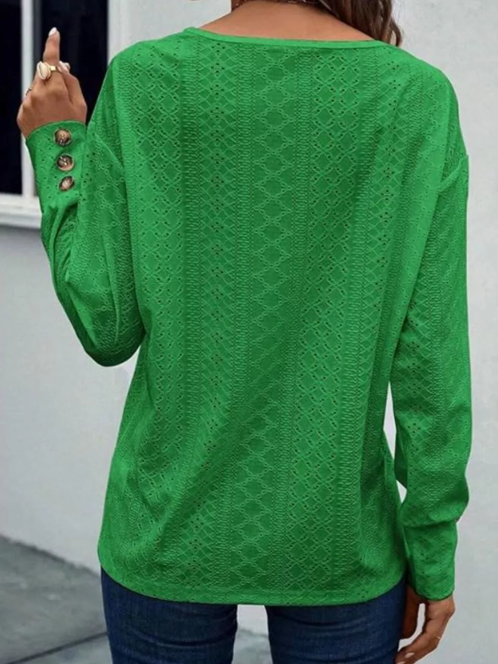 Eyelet V-Neck Long Sleeve T-Shirt, image 3