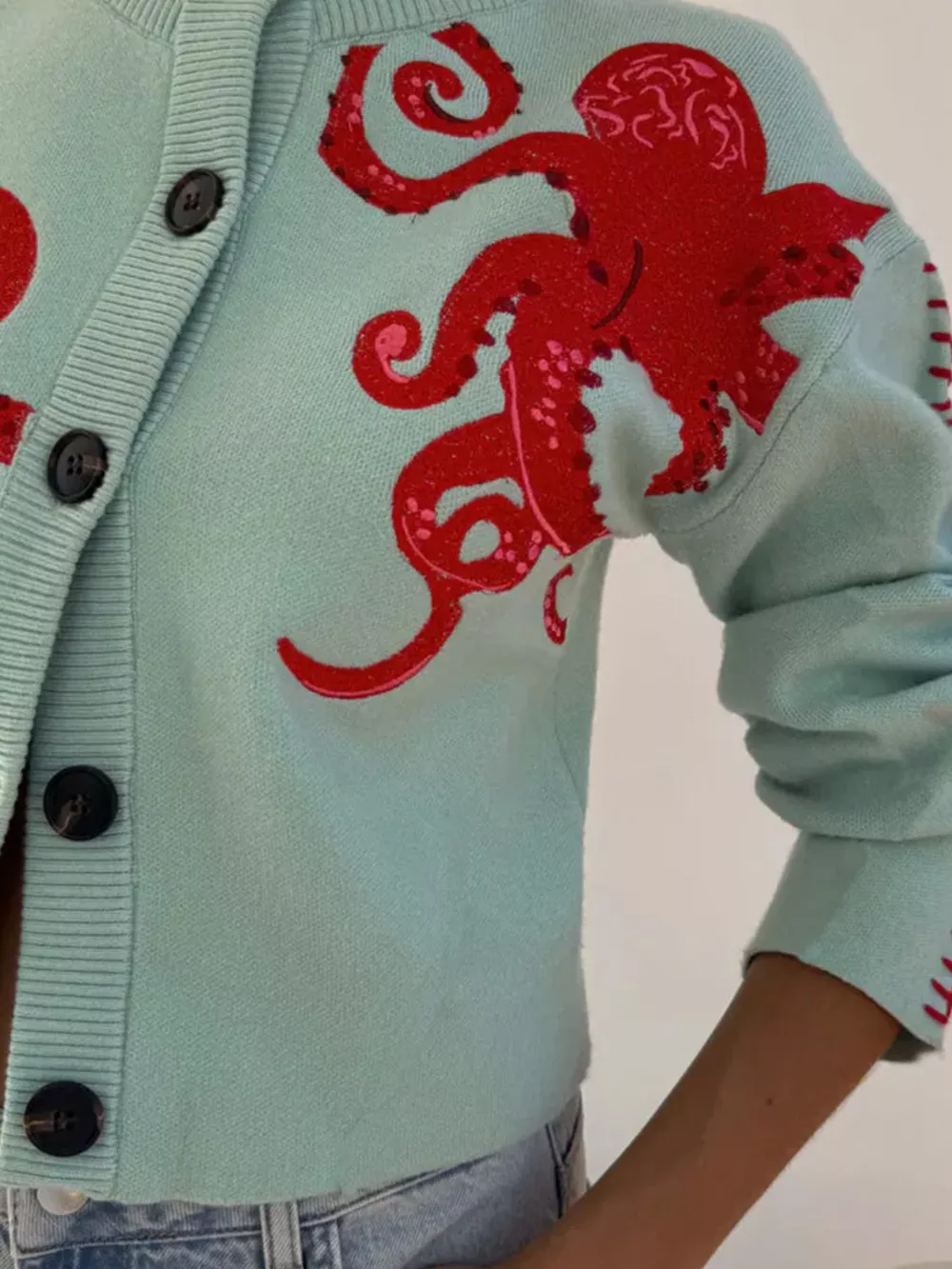Octopus Button Up Cropped Cardigan, image 3