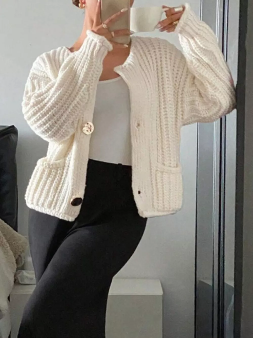Button Up Dropped Shoulder Cardigan, image 3