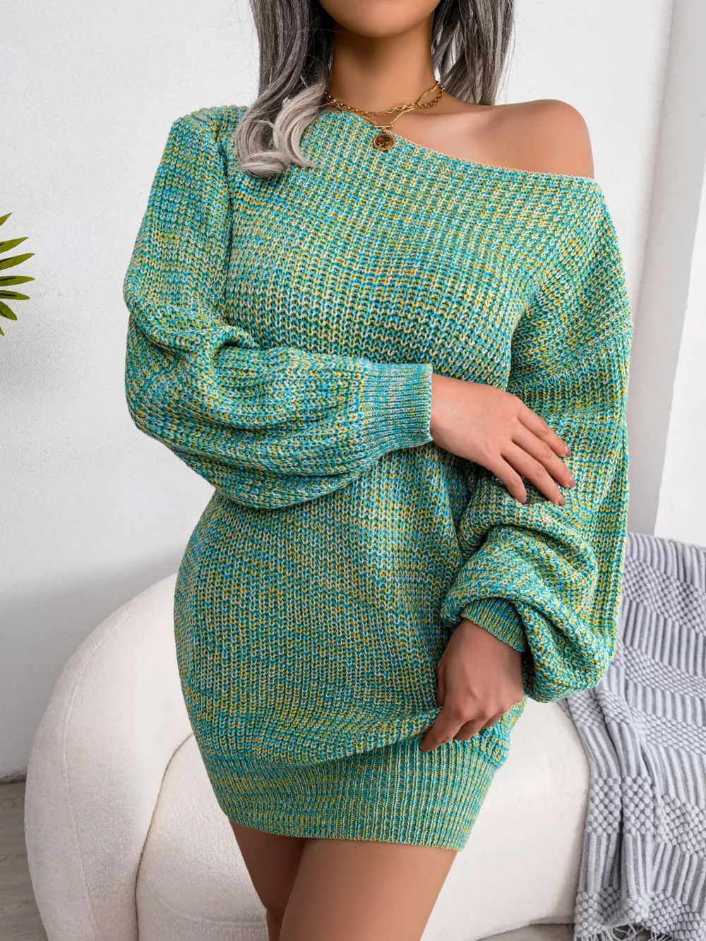 Multi-Color One-Shoulder Sweater Dress, image 3