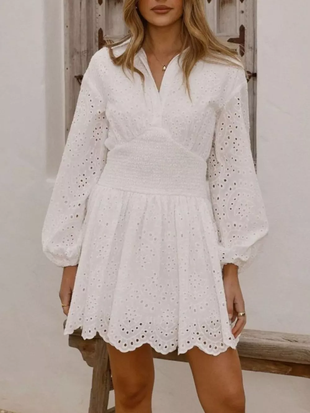 Eyelet Balloon Sleeve Mini Dress, image 5