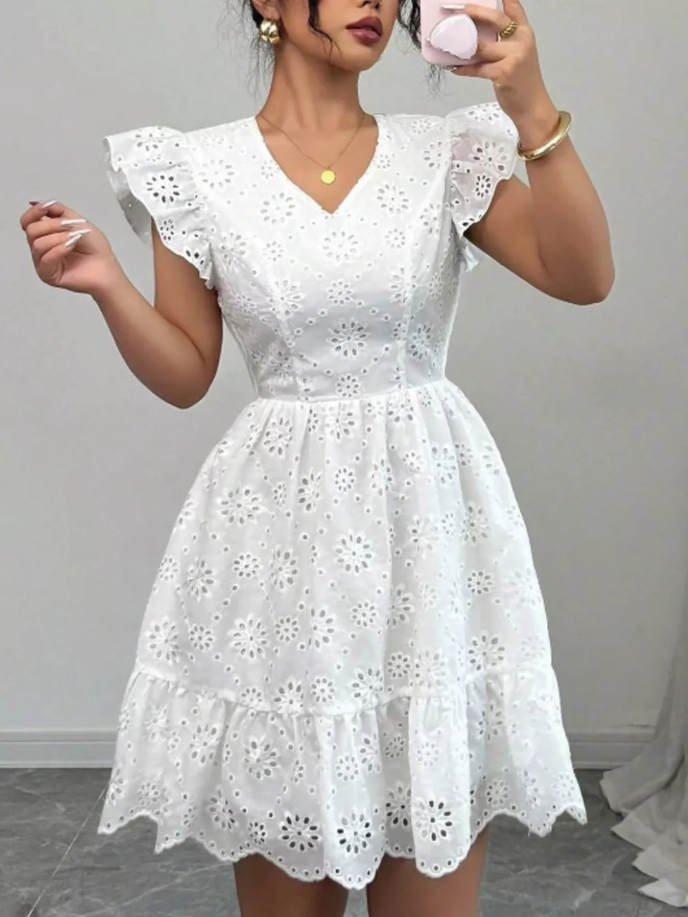 Eyelet Ruffle Sleeve Mini Dress, image 4