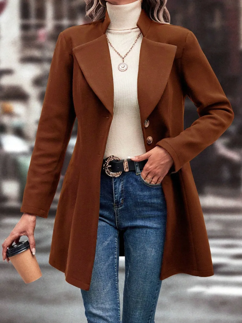 Collared Neck Long Sleeve Longline Coat, image 2