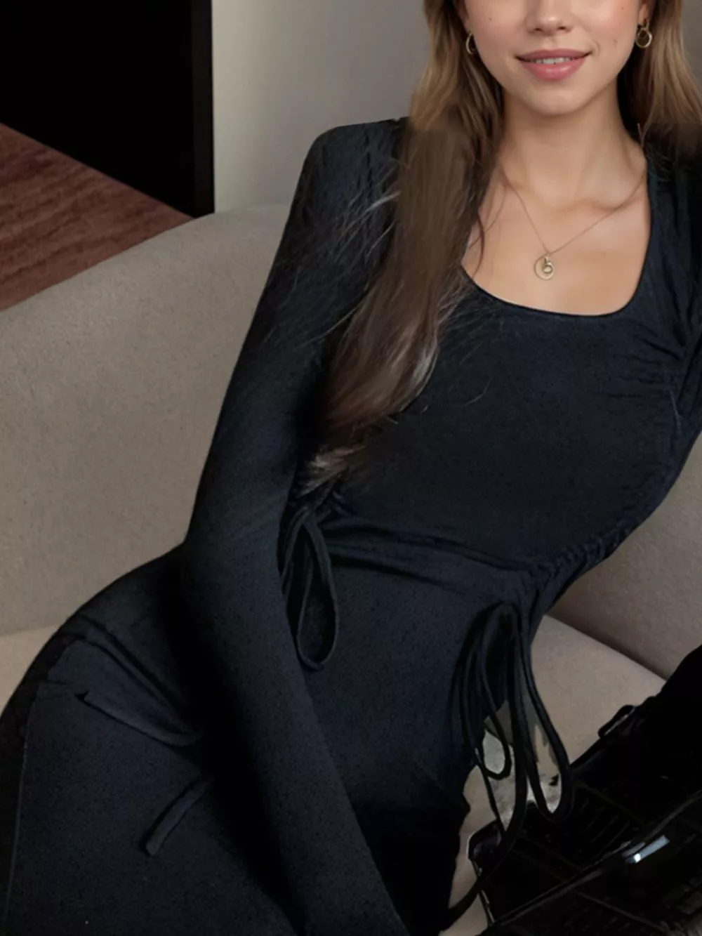 Tied Long Sleeve Midi Dress, image 2