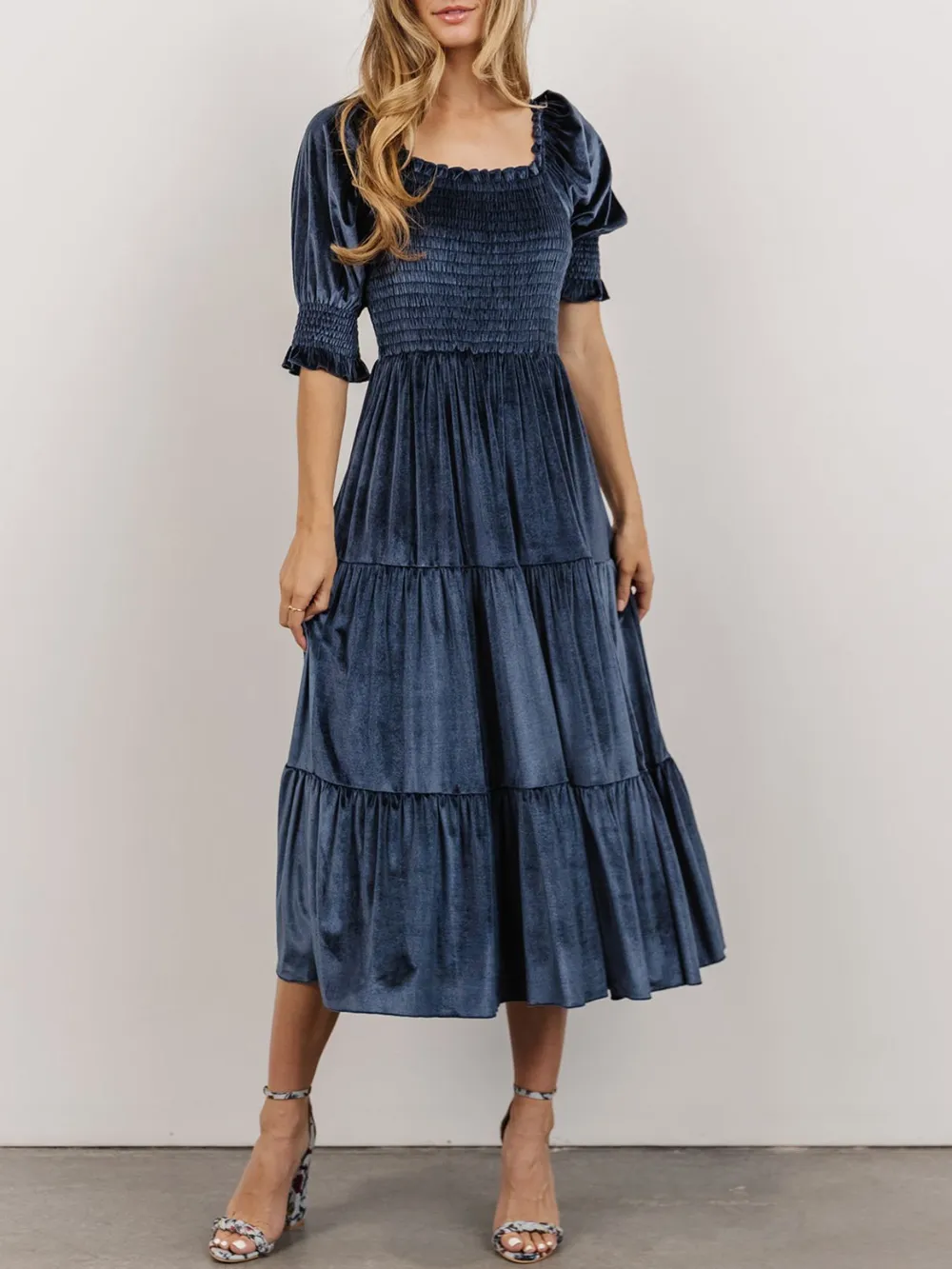 Smocked Half Sleeve Tiered Midi Dress, image 4