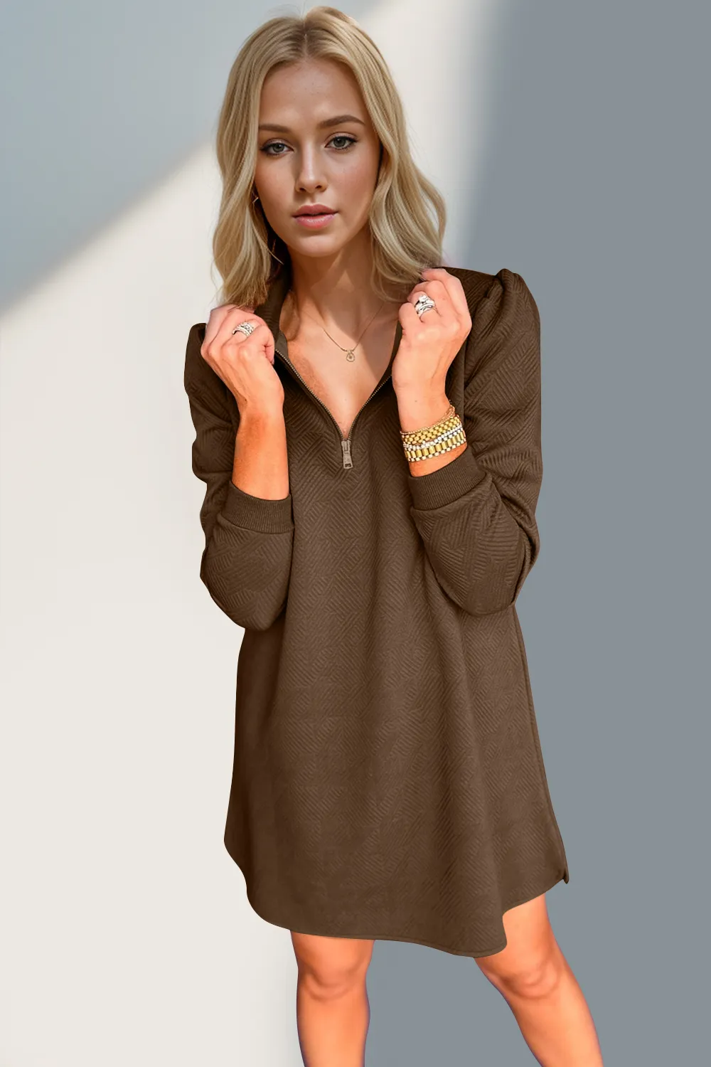 Textured Quarter Zip Long Sleeve Dress, image 3