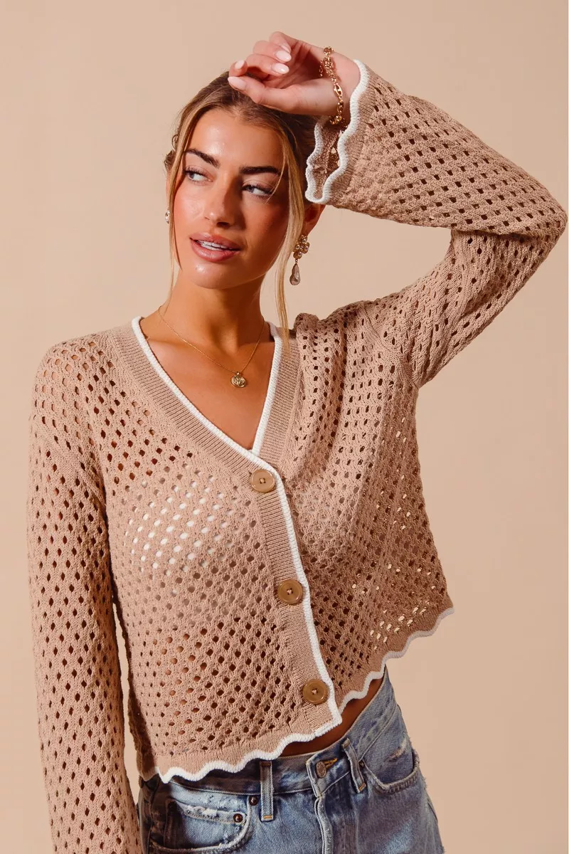 Open Knit Light Weight Sweater Cardigan With Contrast Wavy Scallop Edge, image 9